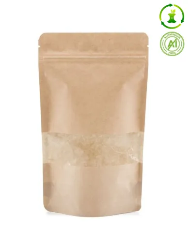 Compostable doypack with a transparent window